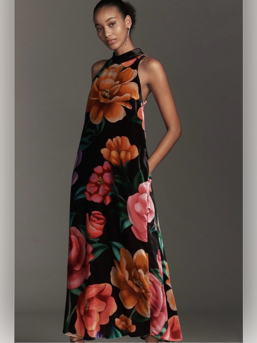 BNWT Farm Rio Floral Velvet Halter Maxi Dress - Black with Pink & Orange Blooms
